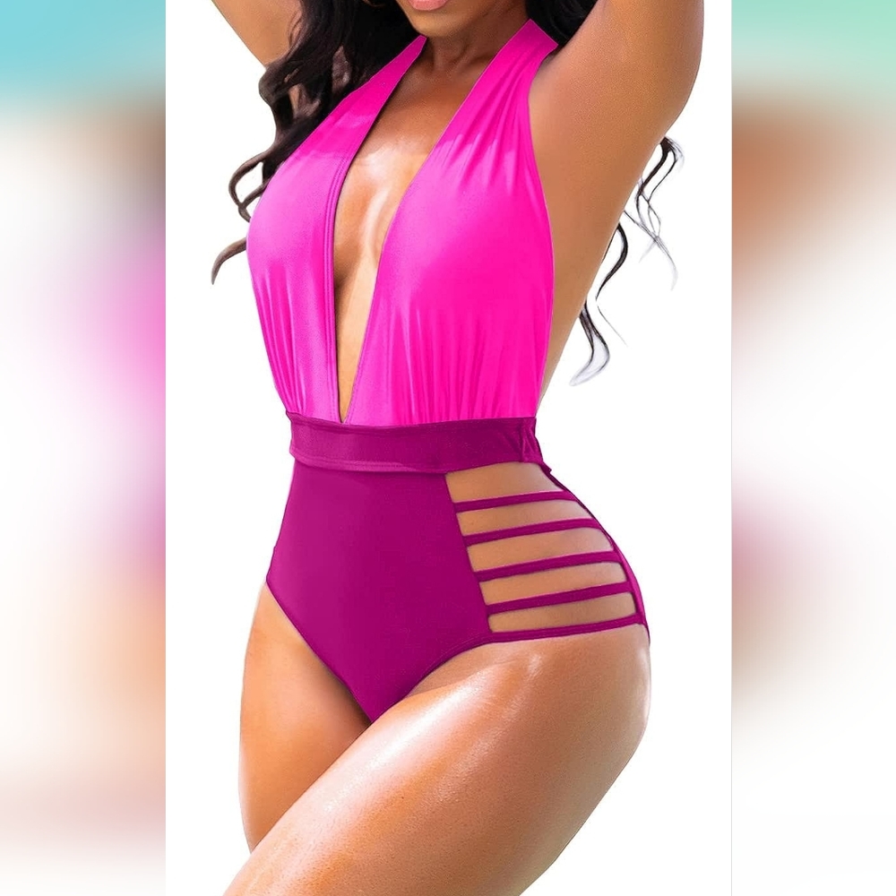 Women Sexy One Piece Swimsuits Halter Plunge V Neck